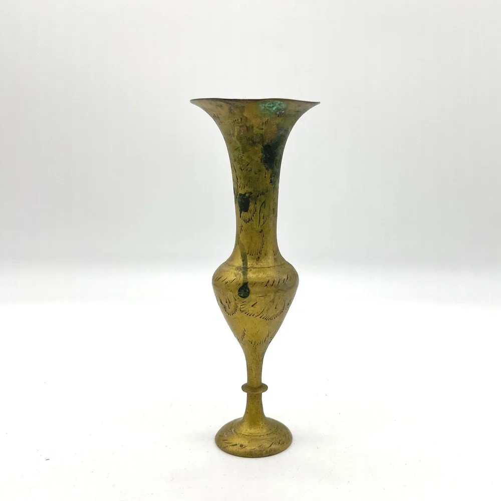 Vintage Brass Etched Bud Vase‎ Elegant Trumpet Neck Pedestal Base
